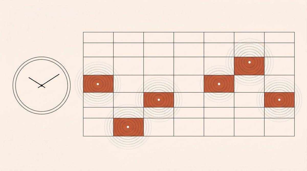 Illustration of a clock beside a weekly grid with peak posting times rippling outward across platforms