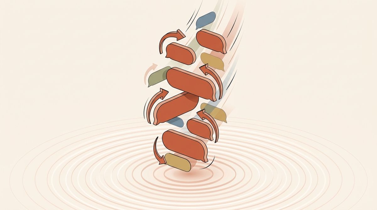 Illustration of short posts and replies ranked in a fast-moving feed