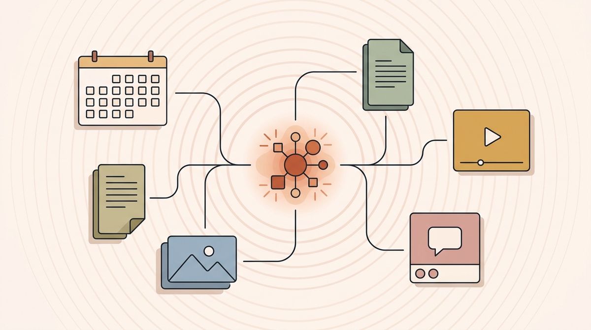 Illustration of an AI spark node linked to a calendar and content cards