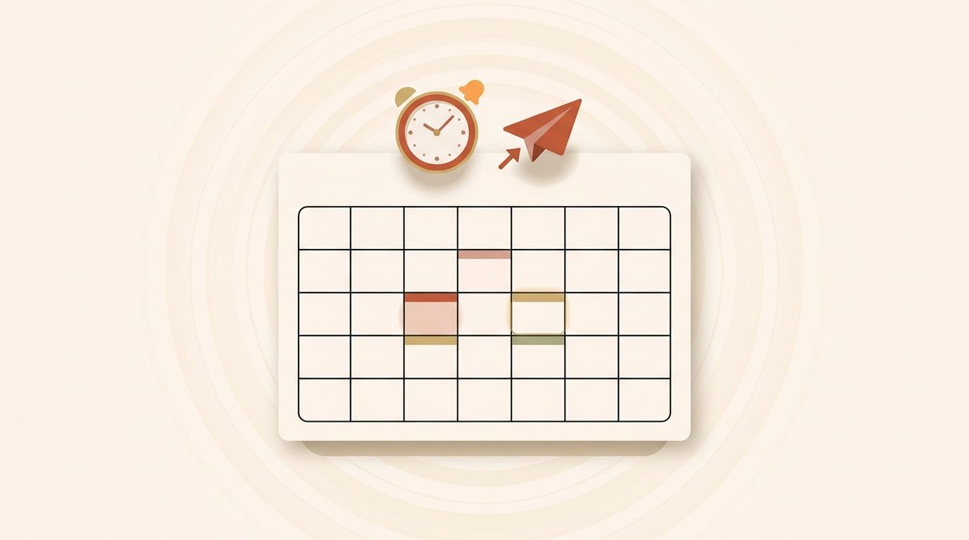 Illustration of a weekly calendar with a clock and a publish icon
