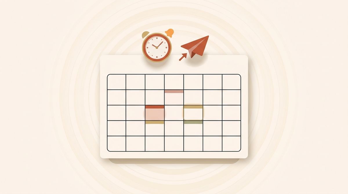 Illustration of a weekly calendar with a clock and a publish icon