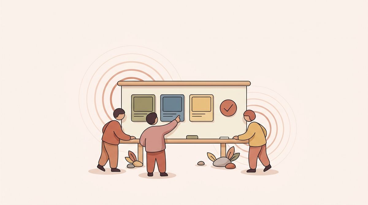 Illustration of three figures around a shared content board with a checkmark