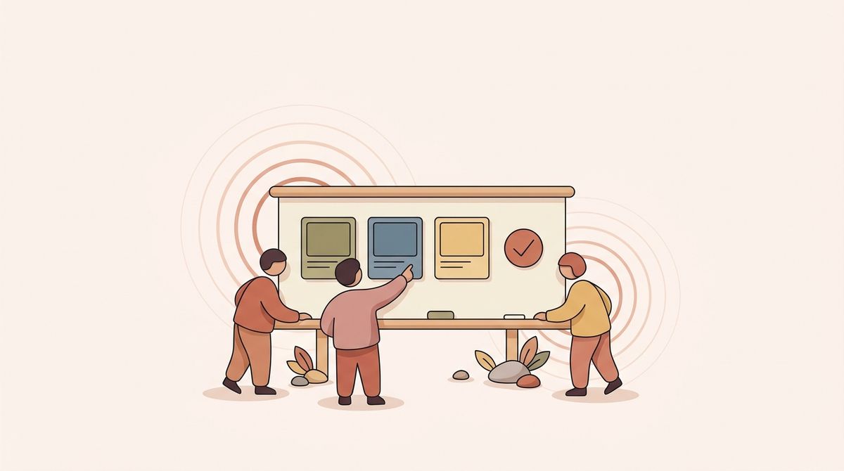 Illustration of three figures around a shared content board with a checkmark