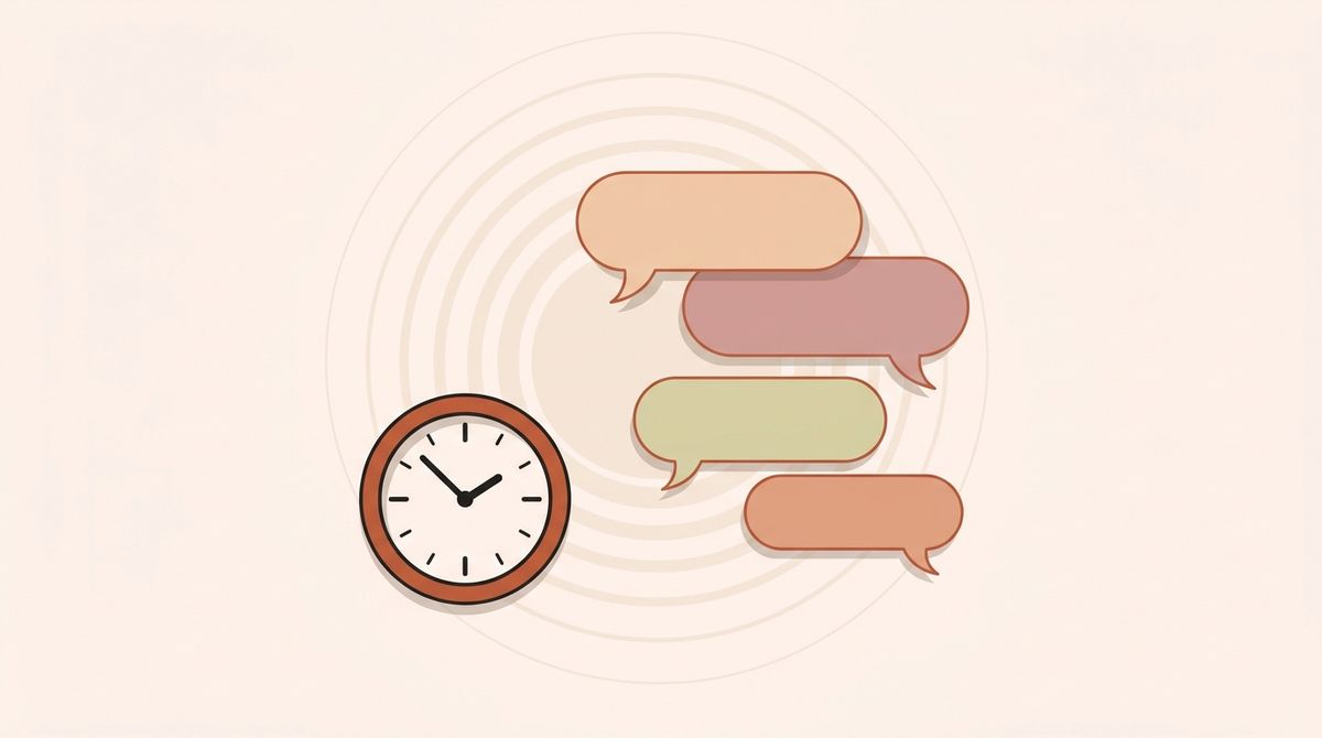 Illustration of casual chat bubbles queued beside a small clock