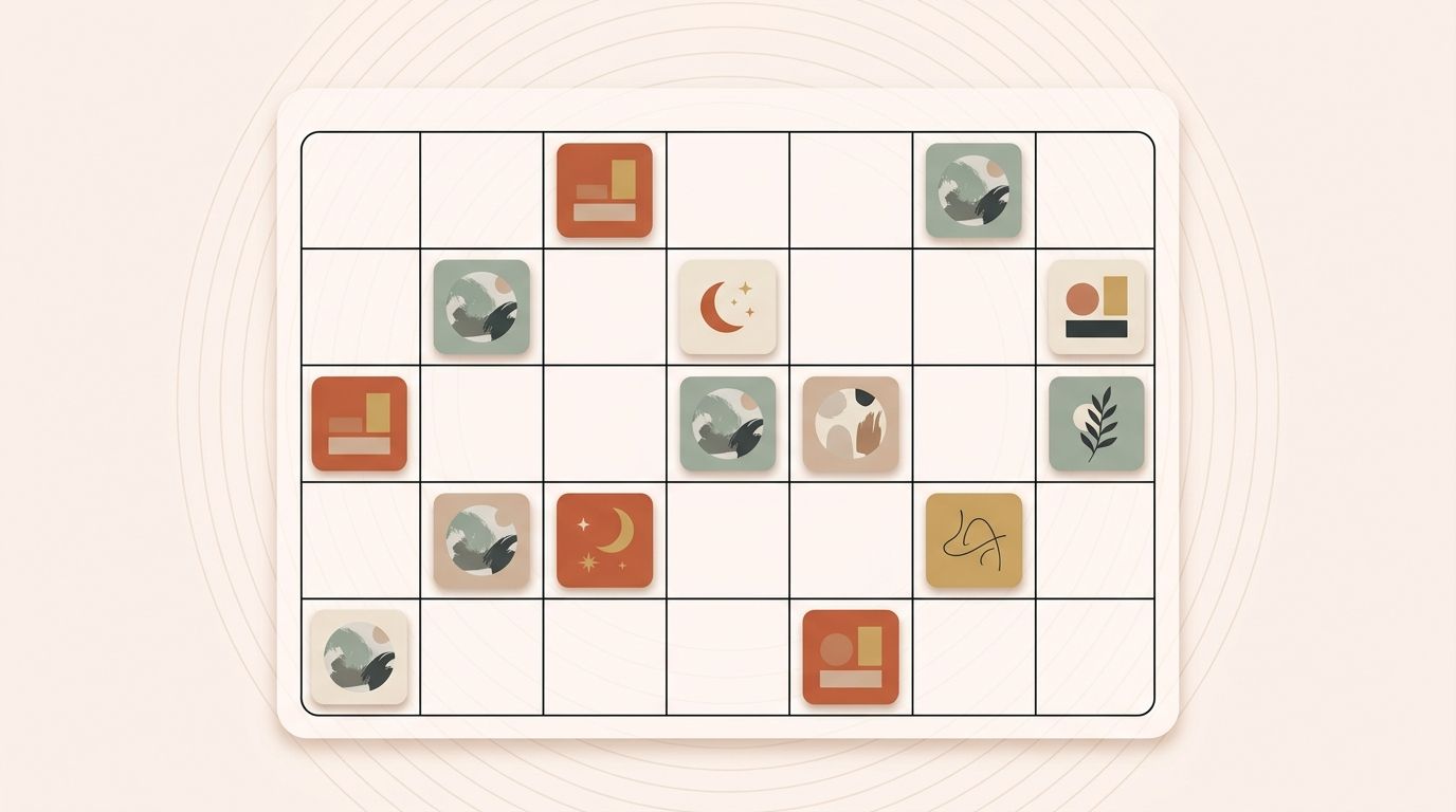 Illustration of a monthly calendar filled with planned content cards