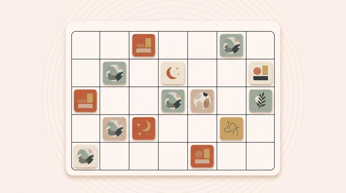 Illustration of a monthly calendar filled with planned content cards