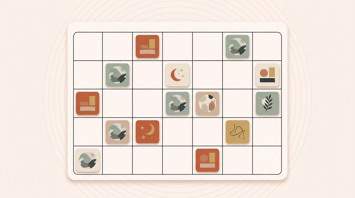 Illustration of a monthly calendar filled with planned content cards