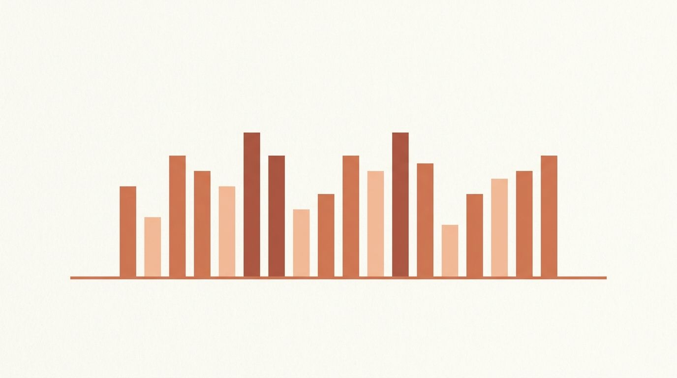 Abstract terracotta illustration of evenly spaced bars in a steady rhythm, representing a consistent social media posting cadence.