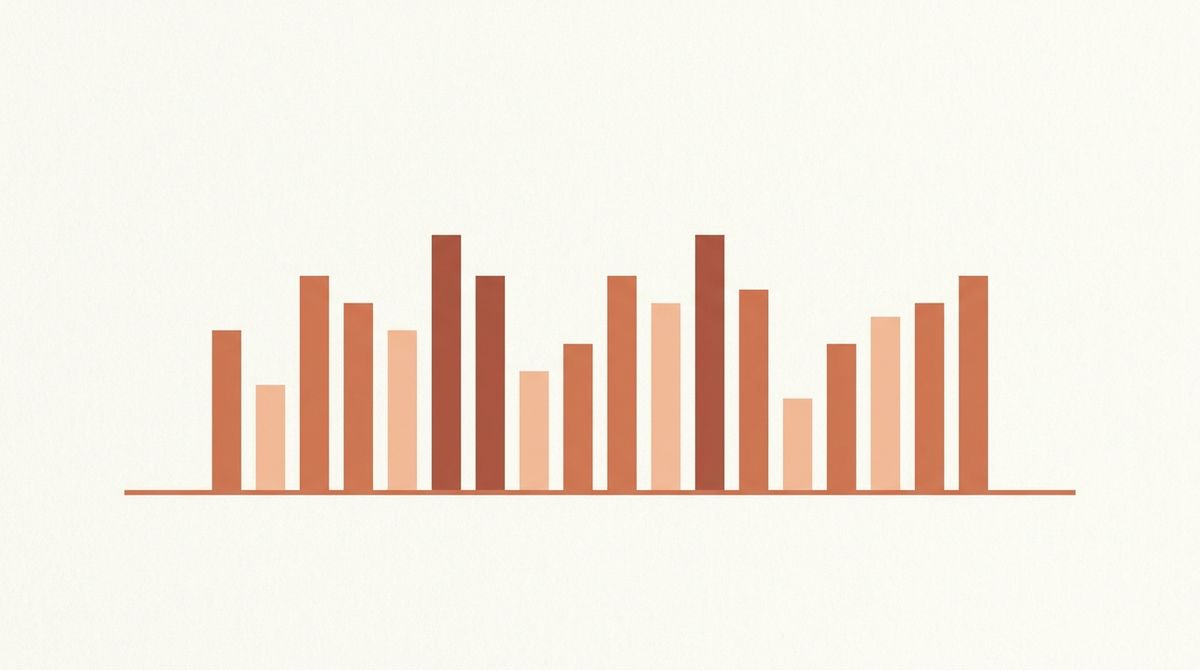 Abstract terracotta illustration of evenly spaced bars in a steady rhythm, representing a consistent social media posting cadence.