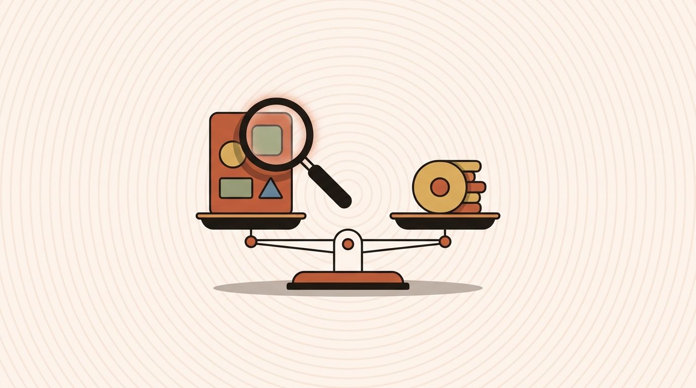 Illustration of a magnifying glass over an app panel on a balance scale