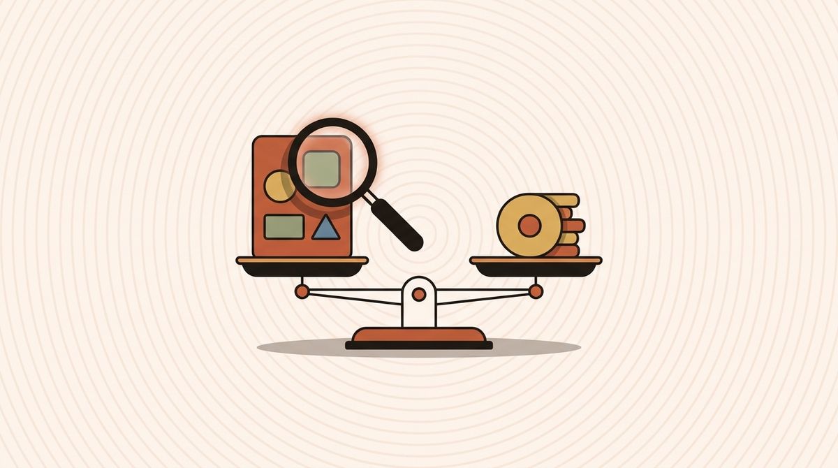Illustration of a magnifying glass over an app panel on a balance scale