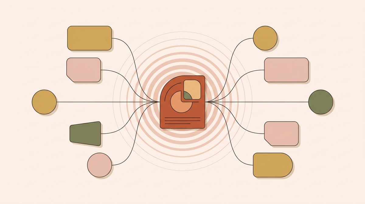 Illustration of one content card broadcasting to several platform tiles