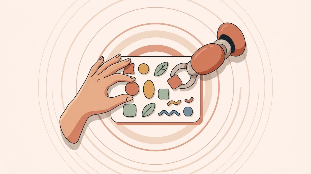Illustration of a human hand and a robot arm collaborating over a content card