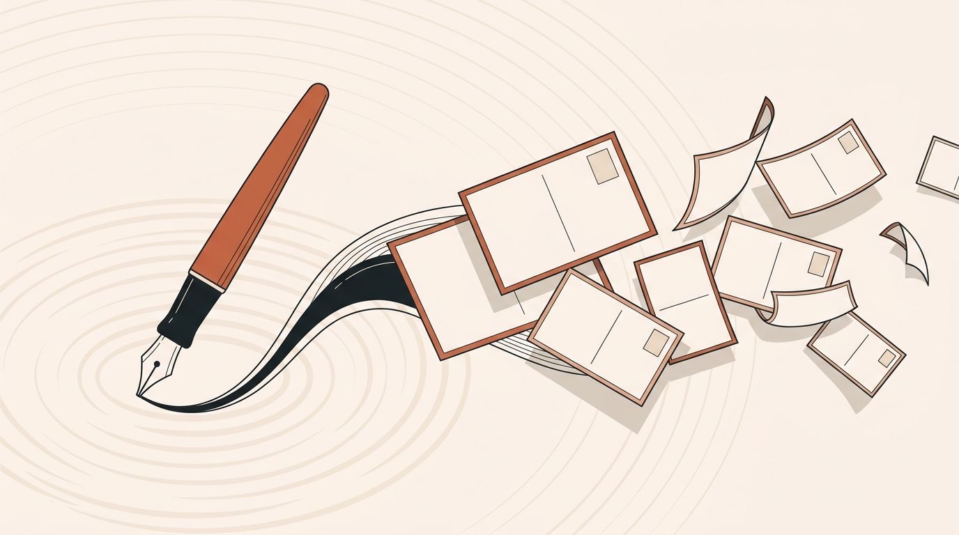 Illustration of a pen turning one page into several floating post cards