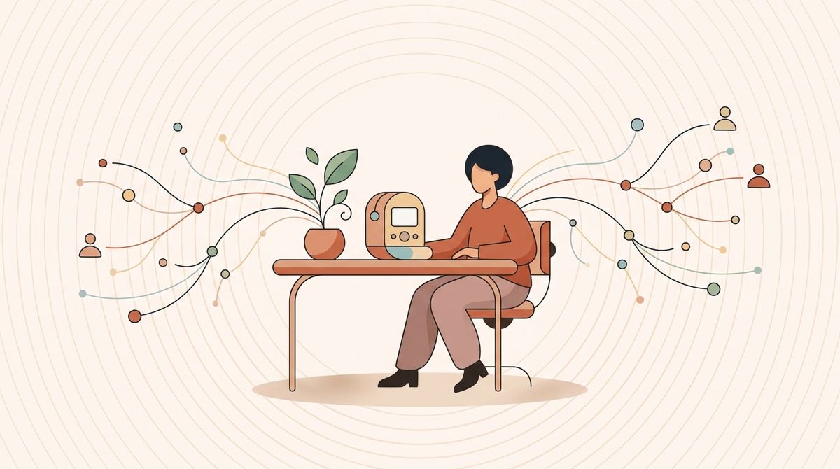 Illustration of a founder at a desk with a growing plant and social connection nodes