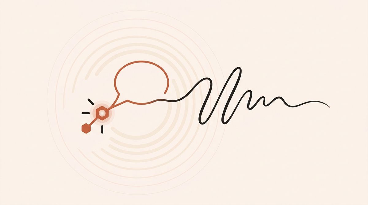 Illustration of an AI spark shaping a speech bubble into a personal, handwritten voice