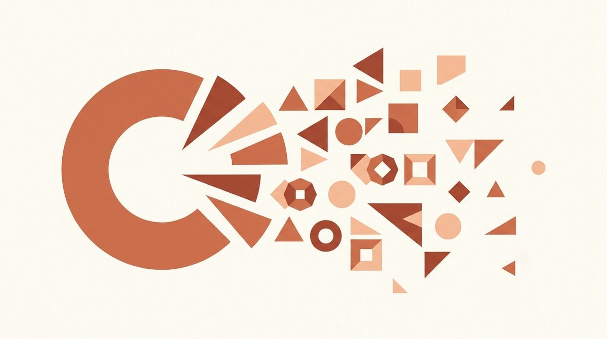 Abstract terracotta illustration of one shape splitting into many smaller shapes, representing repurposing one idea into ten social media posts.