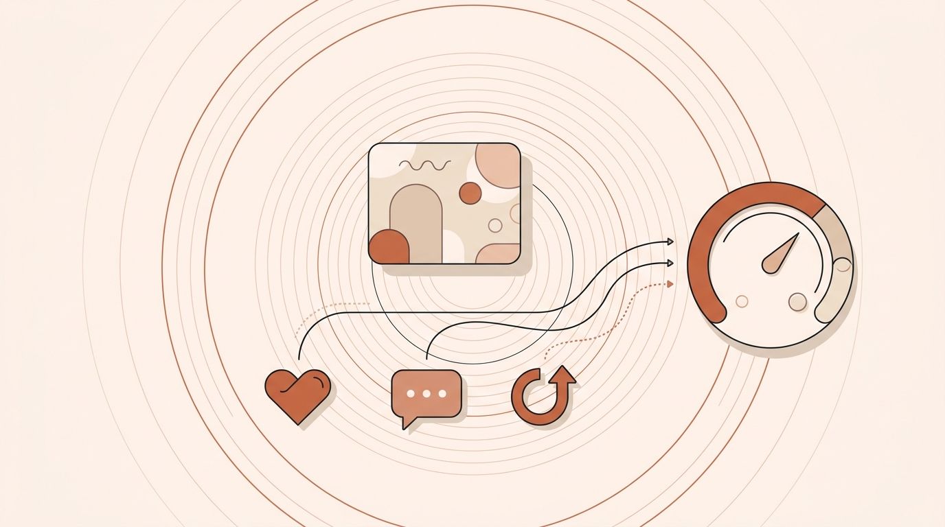 Illustration of a post with likes, comments and shares forming a gauge