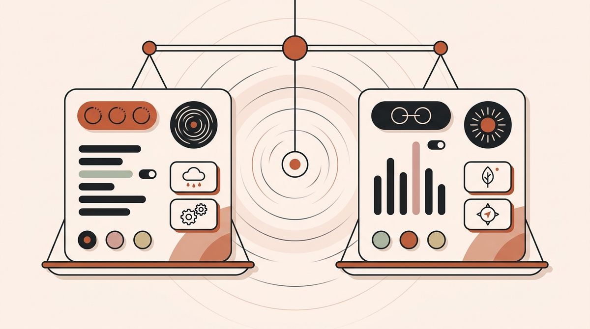 Illustration of two app dashboards compared on a balance scale