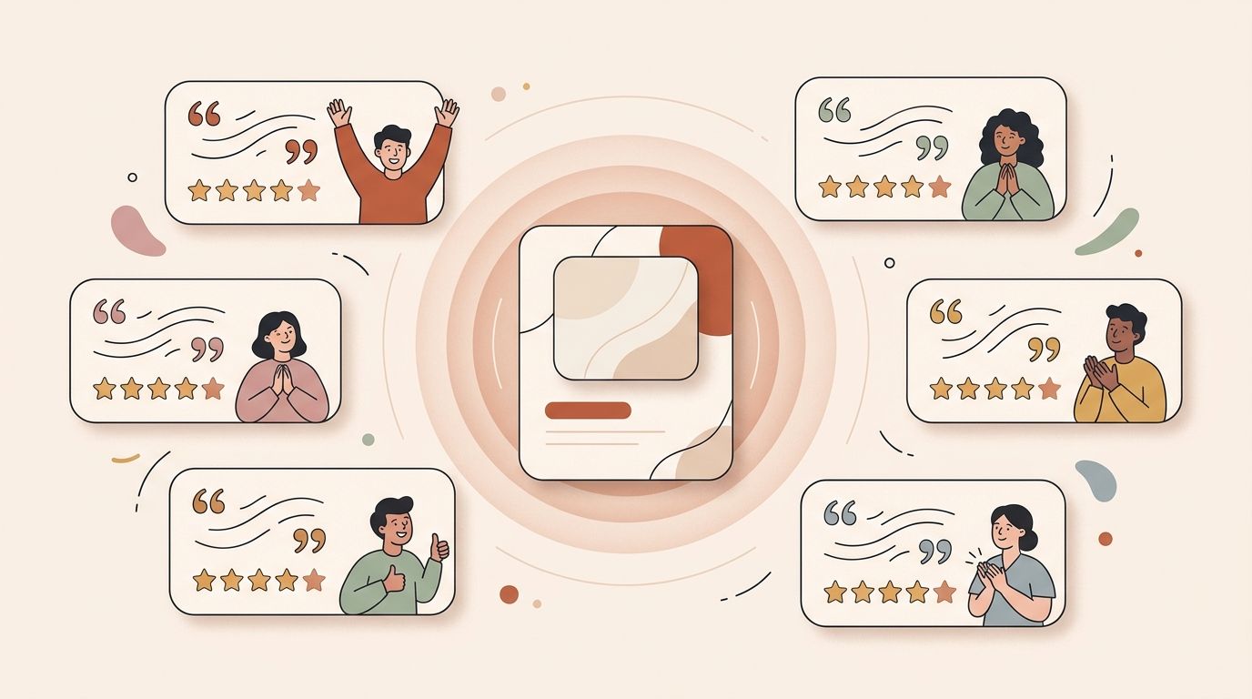 Illustration of testimonials and star ratings building trust around a product