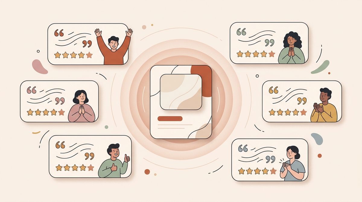 Illustration of testimonials and star ratings building trust around a product