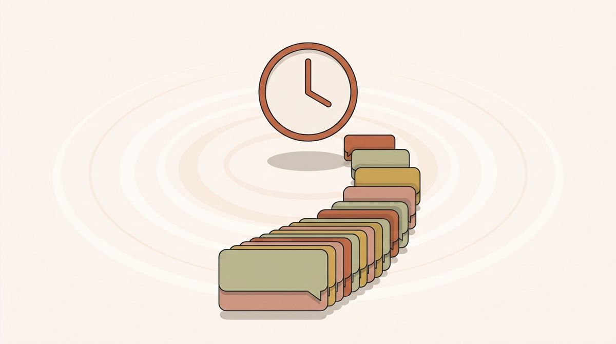 Illustration of a clock over a queue of short message cards