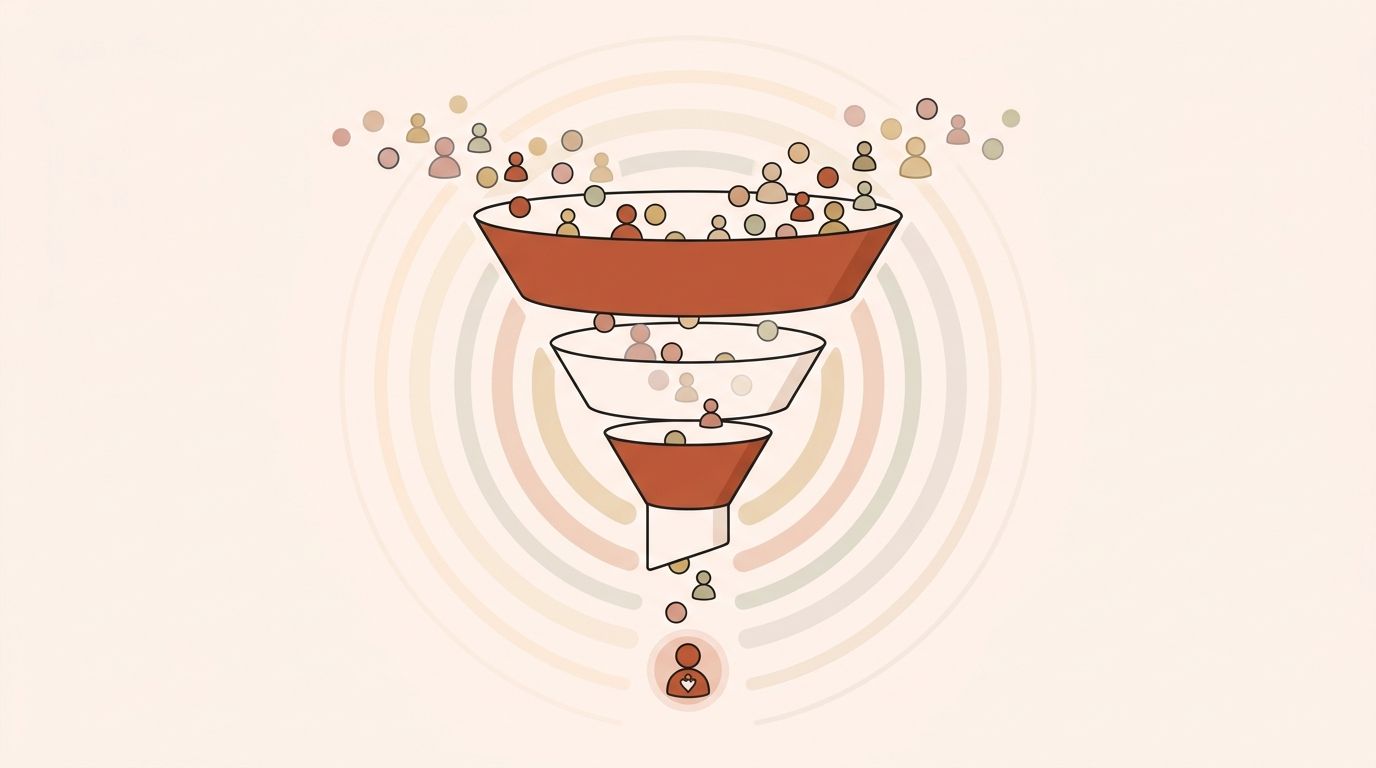 Illustration of a three-stage funnel from strangers to customers