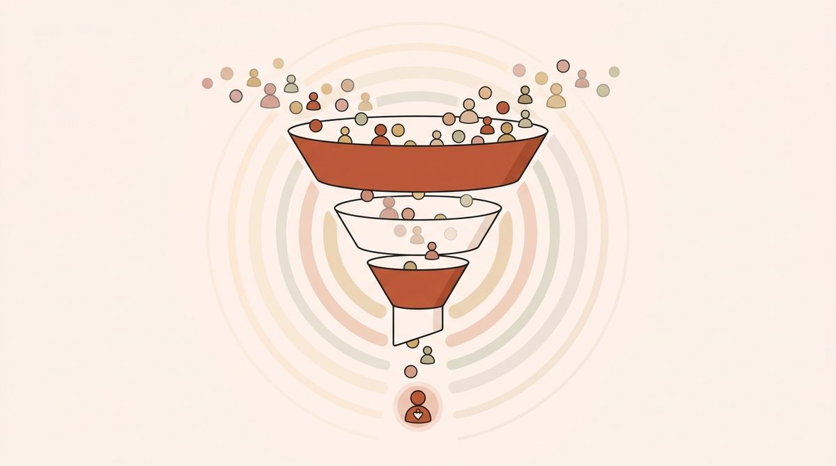 Illustration of a three-stage funnel from strangers to customers