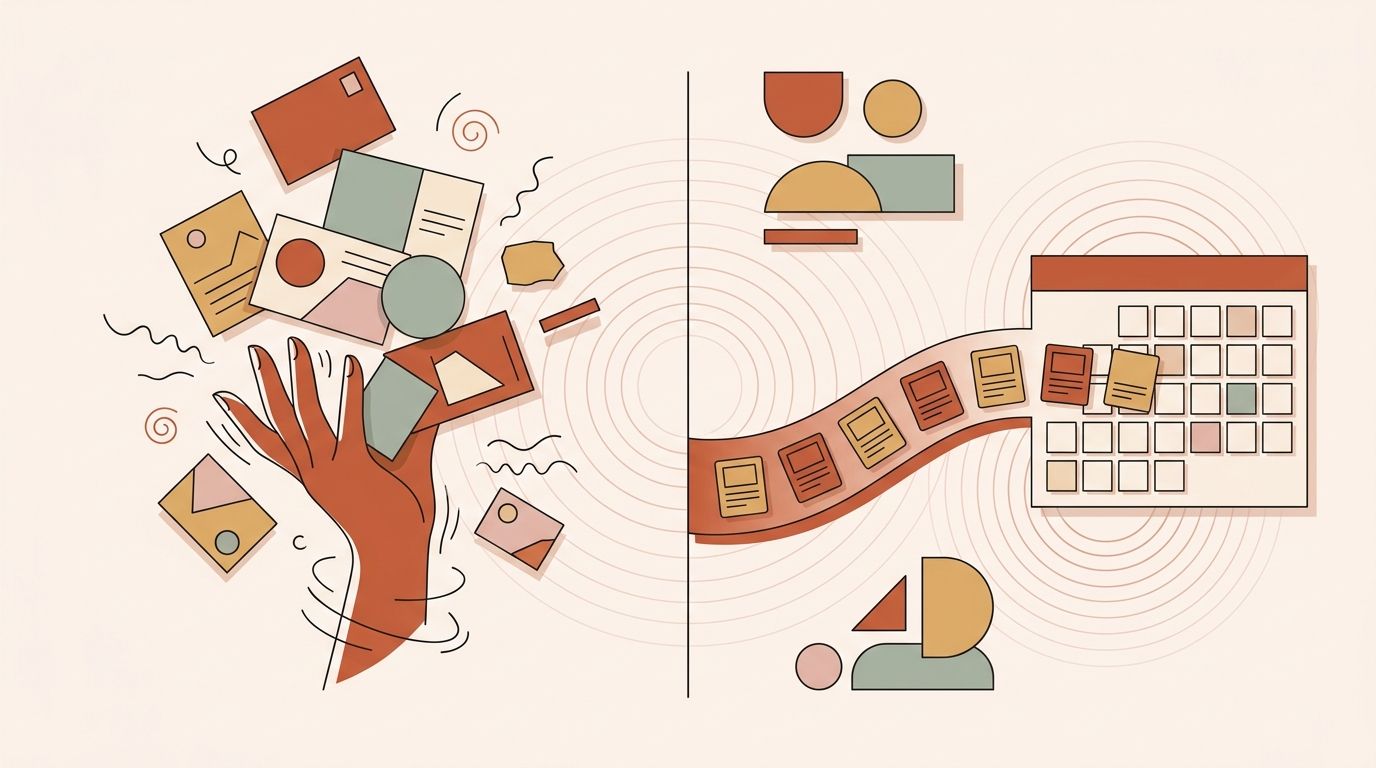 Illustration contrasting a hurried manual poster with a calm automated queue