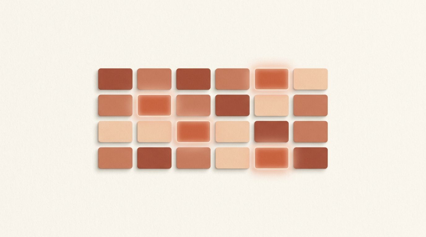 Abstract terracotta illustration of a grid of small idea cards, representing LinkedIn post ideas for coaches and consultants.