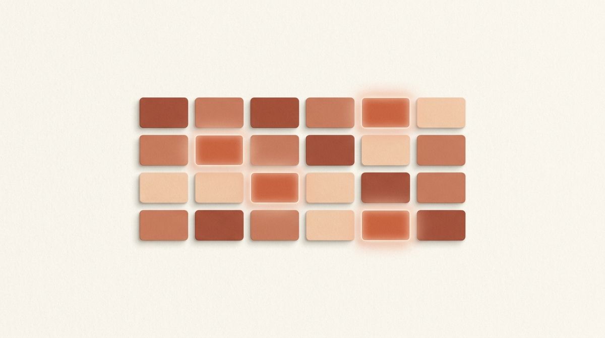 Abstract terracotta illustration of a grid of small idea cards, representing LinkedIn post ideas for coaches and consultants.