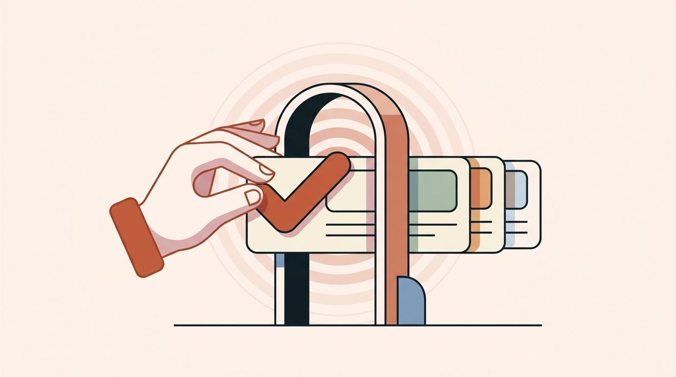 Illustration of a hand approving a content card at a gate with a queue behind it