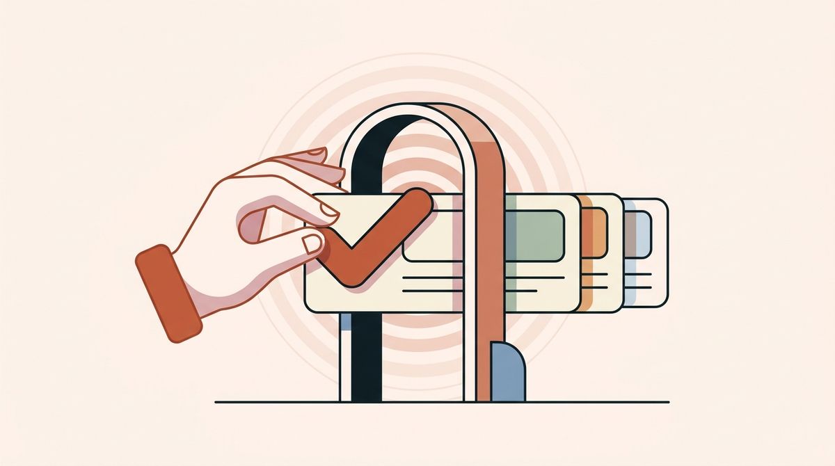 Illustration of a hand approving a content card at a gate with a queue behind it