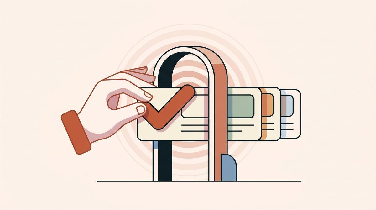 Illustration of a hand approving a content card at a gate with a queue behind it