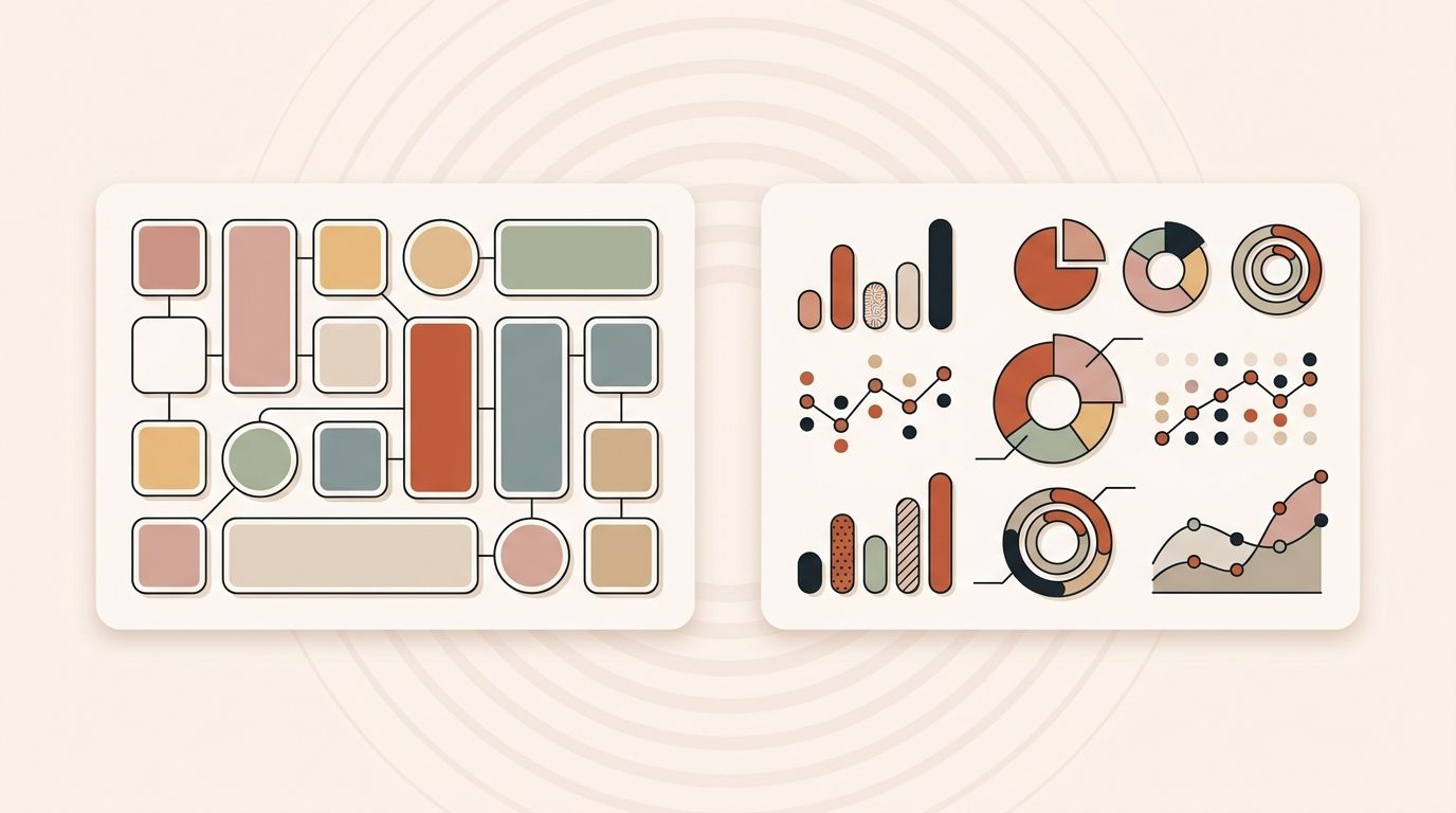 Illustration comparing a visual grid planner and a data dashboard