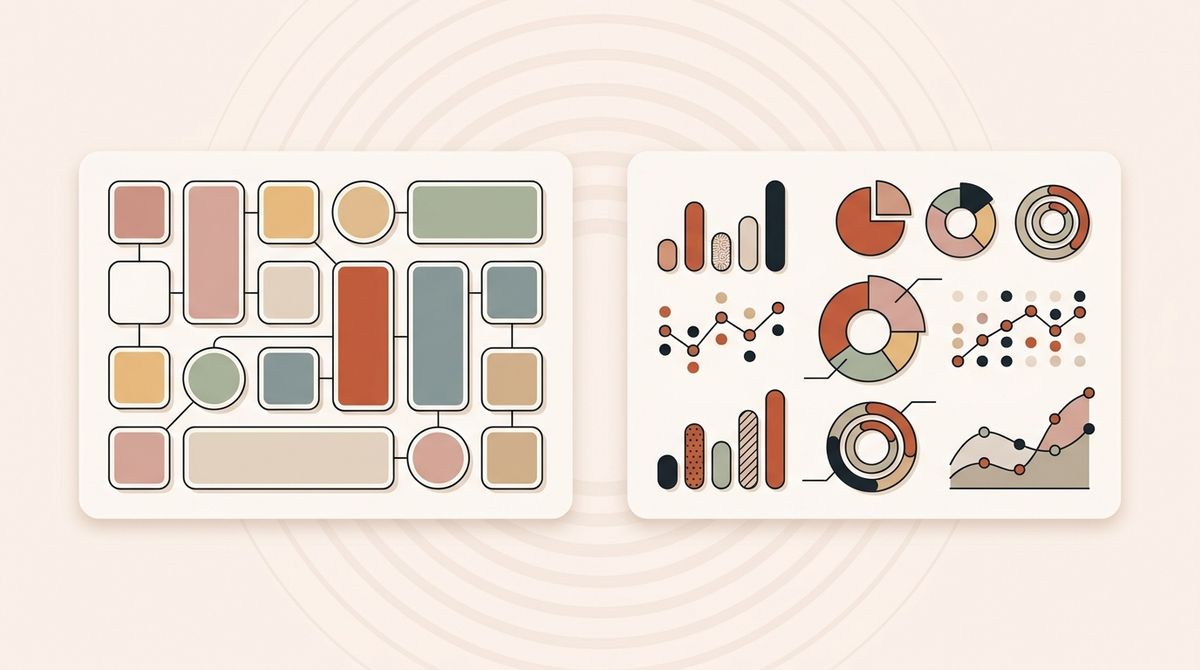 Illustration comparing a visual grid planner and a data dashboard
