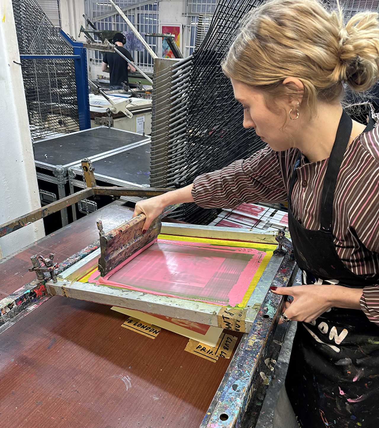 Screen printing in progress in the studio