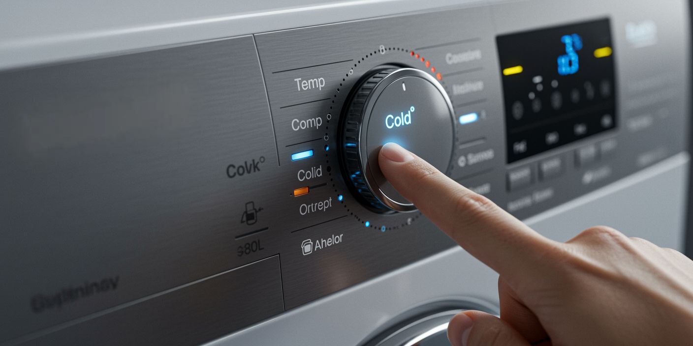 A washing machine control panel being set to cold