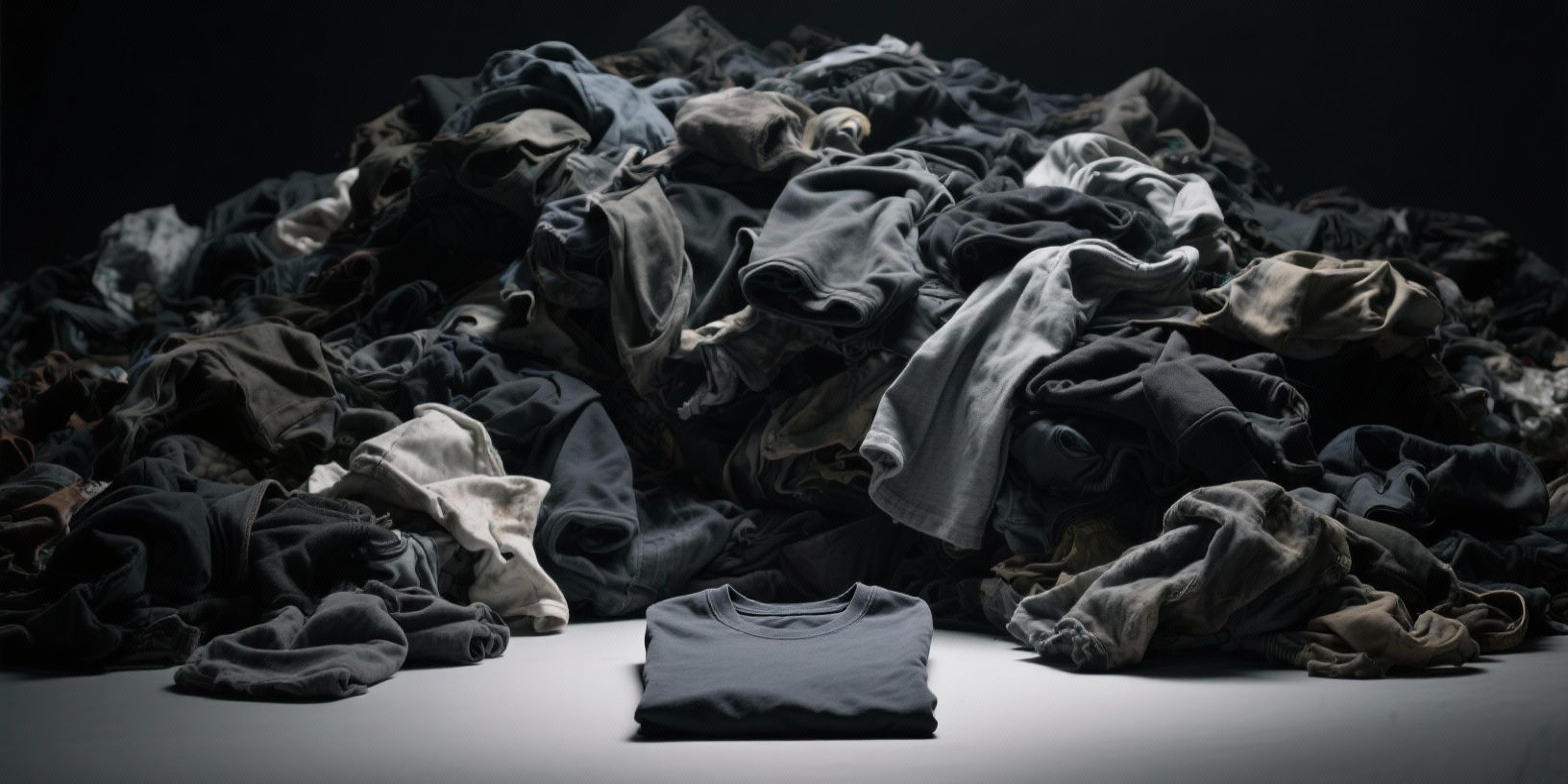A pile of wasted cloth behind a truly durable t-shirt
