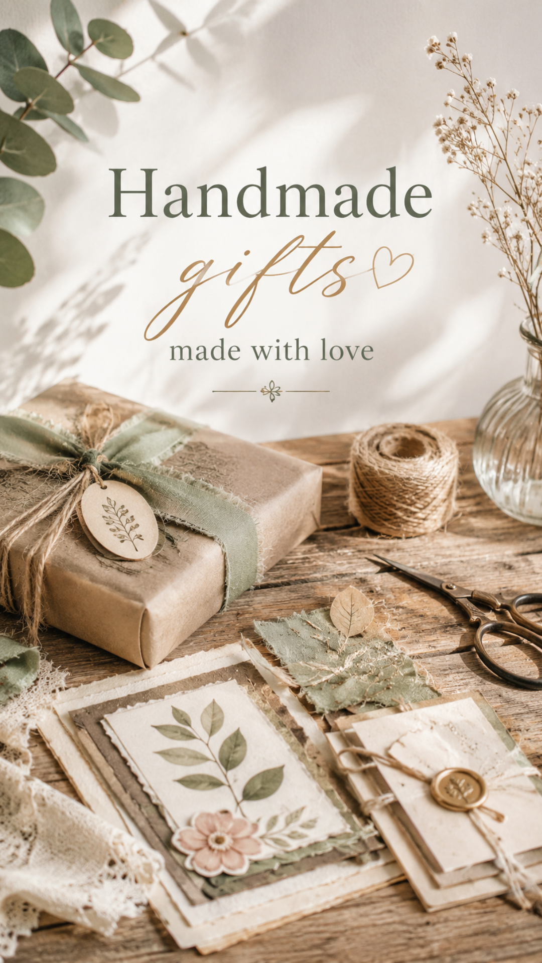 Aesthetic handmade gift setup with a wrapped present, botanical paper crafts, vintage scissors, ribbon, twine, and delicate floral details arranged on a rustic wooden table in sage green and beige color