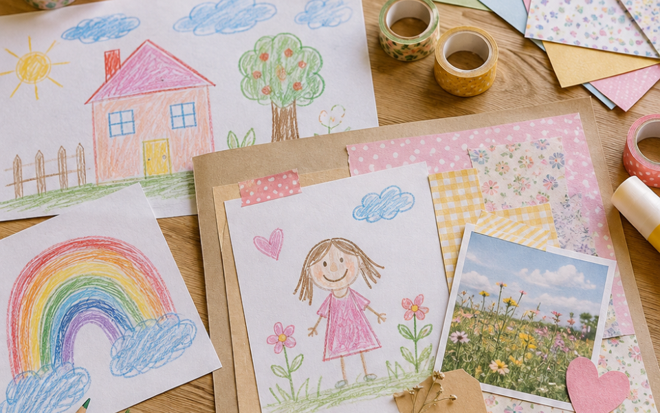 Children’s drawings, colorful washi tapes, pencils, paper and a handmade scrapbook page arranged on a cozy wooden craft table.