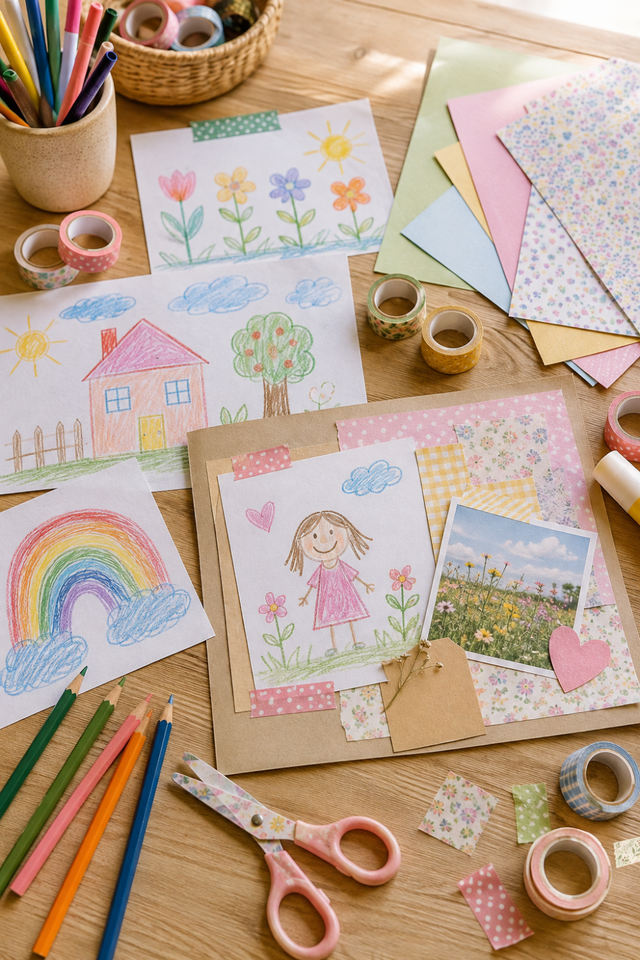 Children’s drawings, colorful washi tapes, pencils, paper and a handmade scrapbook page arranged on a cozy wooden craft table.