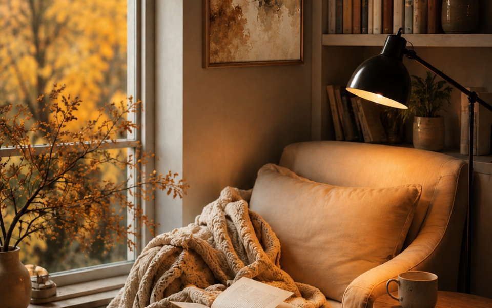 A warm, inviting reading corner featuring a plush beige seat, an open book, cozy knitted throws, a wooden side table, a book-filled shelf, and golden autumn scenery beyond the window
