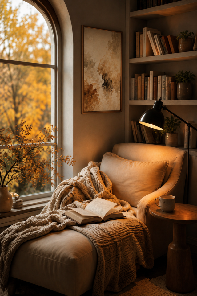 A warm, inviting reading corner featuring a plush beige seat, an open book, cozy knitted throws, a wooden side table, a book-filled shelf, and golden autumn scenery beyond the window