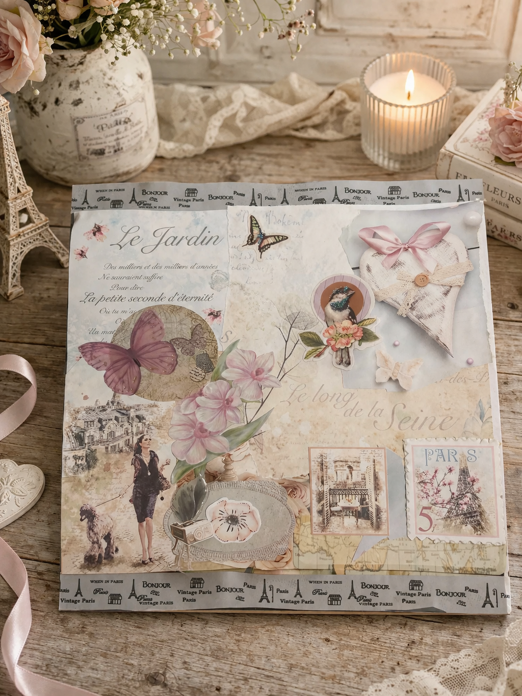Francúzska shabby chic handmade scrapbook stránka s romantickými parížskymi motívmi, jemnými kvetmi, motýľmi a vintage detailmi v pastelových farbách