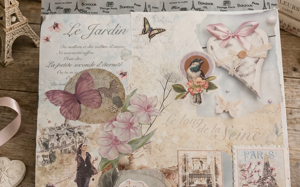 Francúzska shabby chic handmade scrapbook stránka s romantickými parížskymi motívmi, jemnými kvetmi, motýľmi a vintage detailmi v pastelových farbách