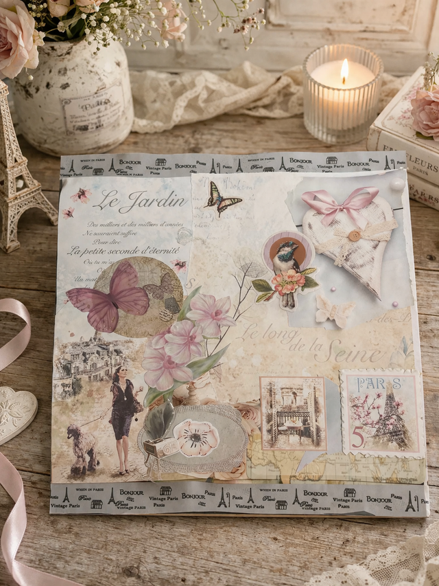 Francúzska shabby chic handmade scrapbook stránka s romantickými parížskymi motívmi, jemnými kvetmi, motýľmi a vintage detailmi v pastelových farbách
