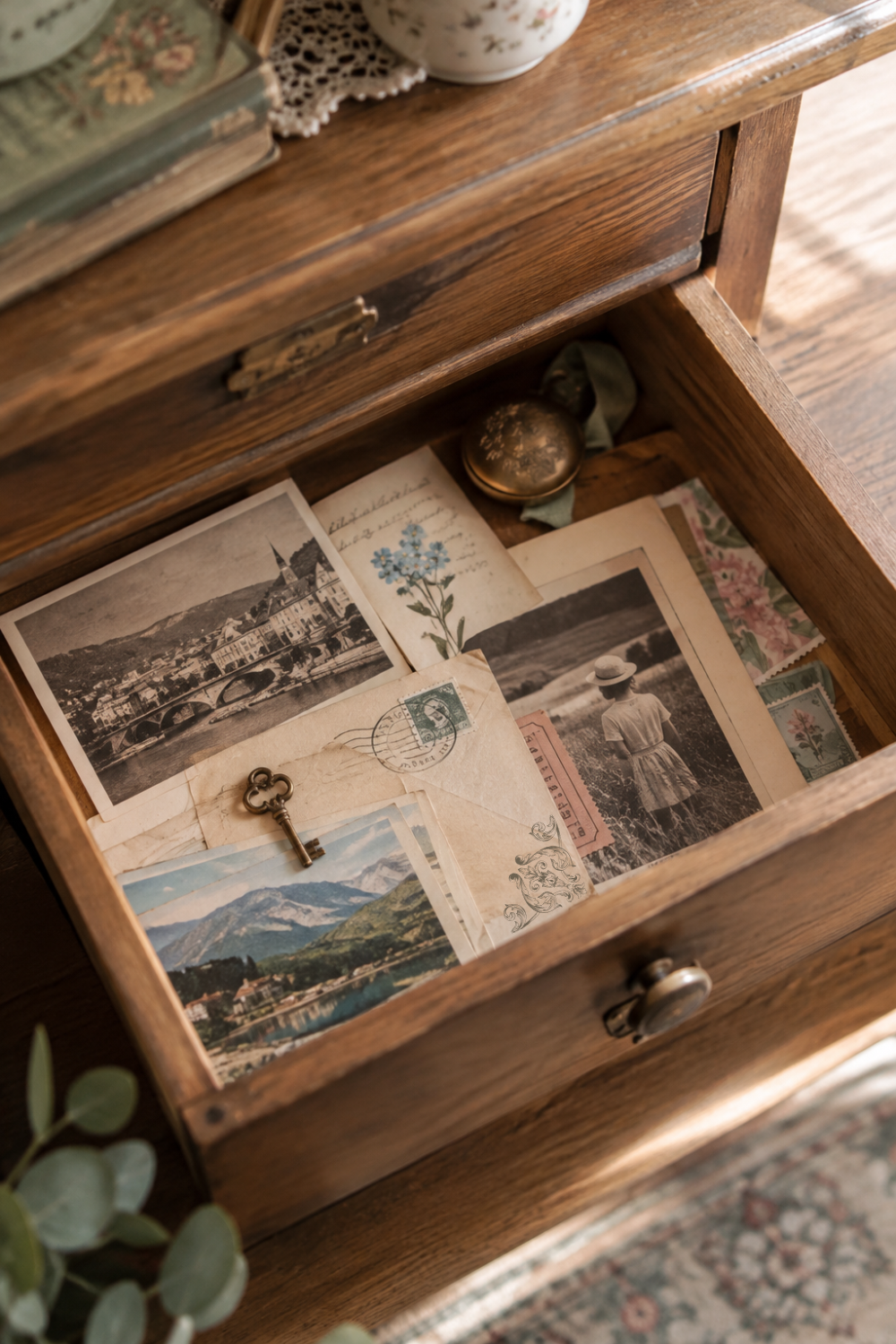A nostalgic wooden drawer holding cherished photos, handwritten notes, postcards, and small mementos collected from meaningful moments.