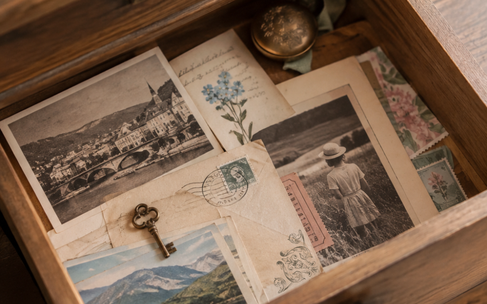A nostalgic wooden drawer holding cherished photos, handwritten notes, postcards, and small mementos collected from meaningful moments.