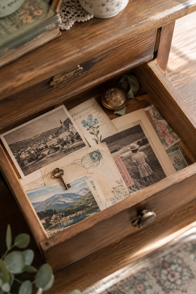 A nostalgic wooden drawer holding cherished photos, handwritten notes, postcards, and small mementos collected from meaningful moments.